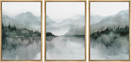 MUDECOR Framed Wall Art Print Set Misty Mountain Lake Watercolor Serene Illustrations Modern Art Boho Decorative Colorful Chic for Living Room, Bedroom, Office - 24"x36"x3 Natural