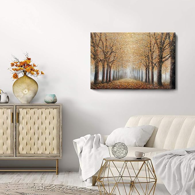 amatop Tree Wall Art for Living Room Hand-Painted Forest Oil Painting Framed Grove Artwork Autumn Landscape Canvas Picture for Living Room Bedroom Home Decorations Wall Decor Large 36"x24"
