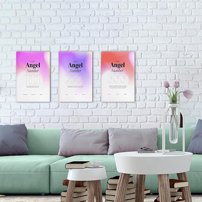 Colorful Gradient Angel Numbers Poster Canvas Print Artwork Room Decor for Bedroom Aesthetic, 3 Piece Framed Inspirational Minimalist Art Paintings Decor for Bedroom Office 12"x18" x 3 Pcs