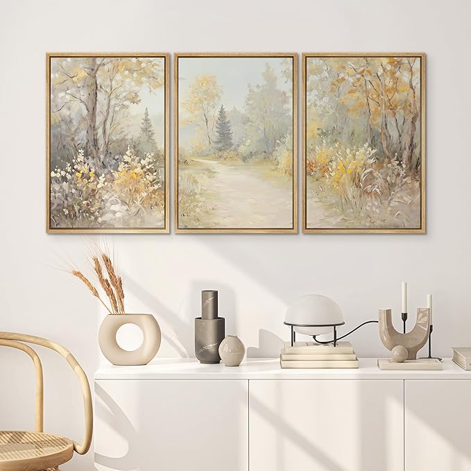 SIGNWIN Framed Canvas Print Wall Art Set Golden Woodland Path Impressionist Nature Scene Illustrations Modern Art Decorative for Living Room, Bedroom, Office - 24"x36"x3 Natural