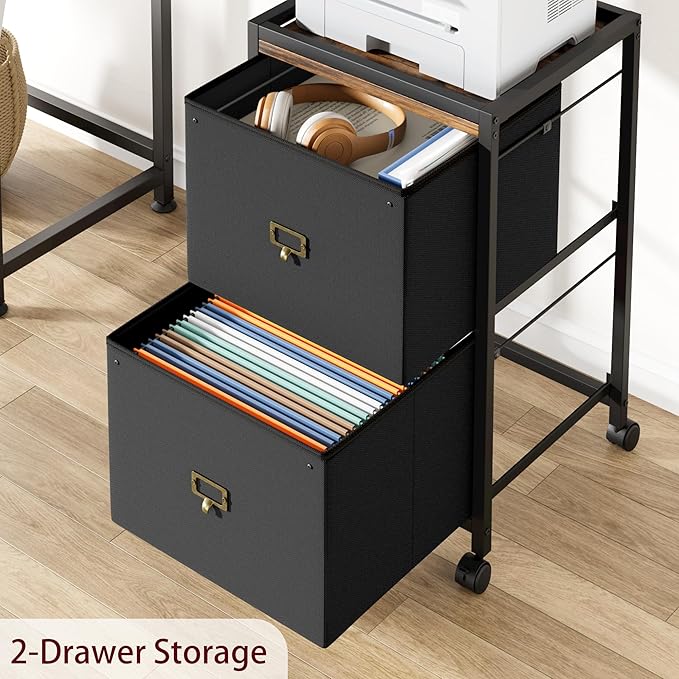IDEALHOUSE 2 Drawer File Cabinet, Mobile Filing Cabinet for Home Office Fits A4 or Letter Size, Fabric Vertical File Cabinet with Wheels, Home Office Small Under Desk Storage Cabinet, Rustic Black