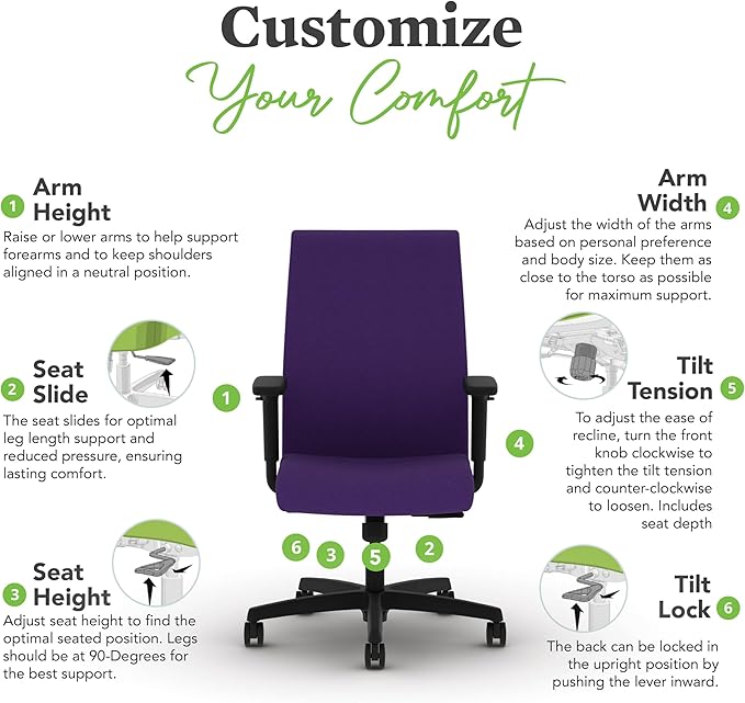 HON Ignition 2.0 Fabric Office Chair, Upholstered, Adjustable Arms, Standard Synchro-Tilt Recline Executive Ergonomic Office Chair, Black Frame, Iris