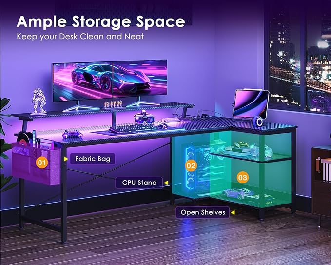 ODK 66 Inch Gaming Desk with USB Charging Ports and LED Lights, Reversible L Shaped Computer Desk with Storage Shelves & Monitor Stand, Corner Gamer Desk Table with Power Outlets, Carbon Fiber Black