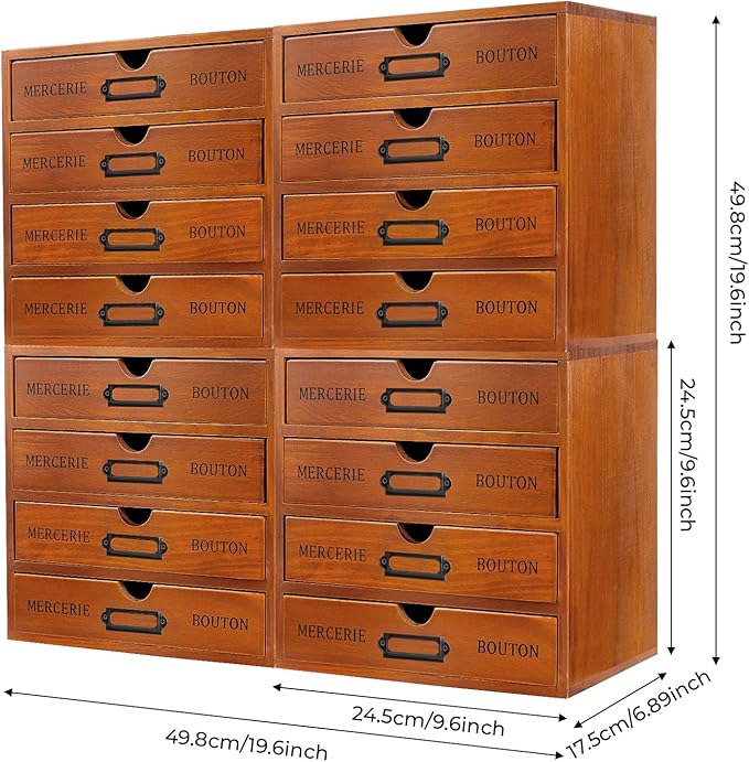 Elegant Wooden Drawer File Cabinet,16 Drawers 4-Slot Large Storage Box,Vertical Storage Filing Jewelry Box, Multi Level Countertop Drawer Organizer for Living Rooms, Bedrooms,Offices,Brown