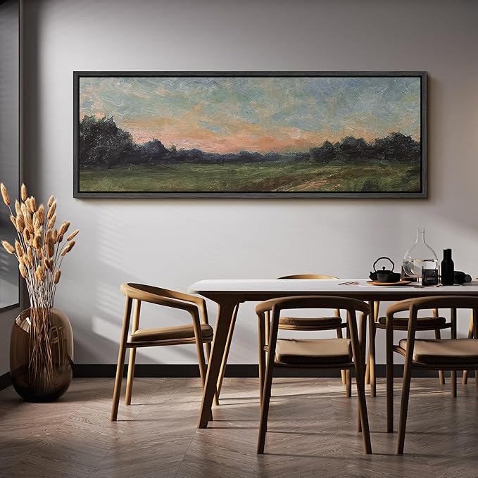 SIGNFORD Large Framed Canvas Quiet Green Field at Dusk Illustrations Modern Art Calm Warm for Living Room, Bedroom, Office - 60"x20"