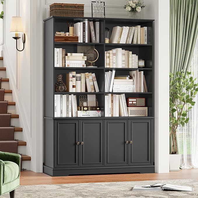 FINETONES 73" Black Bookshelf with Doors, 6 Tier Tall Bookshelf Double Wide Bookcases and Bookshelves with Storage, Large Display Cabinets for Home Office,Living Room, Library