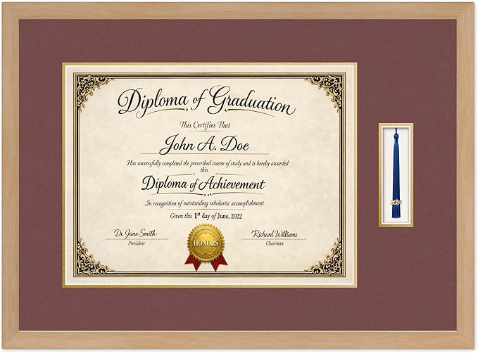 Diploma Frame with Tassel Holder Natural Wood Shadowbox Dark Red Over Gold Mat - Fits 17 x 13 Degree Made in the USA