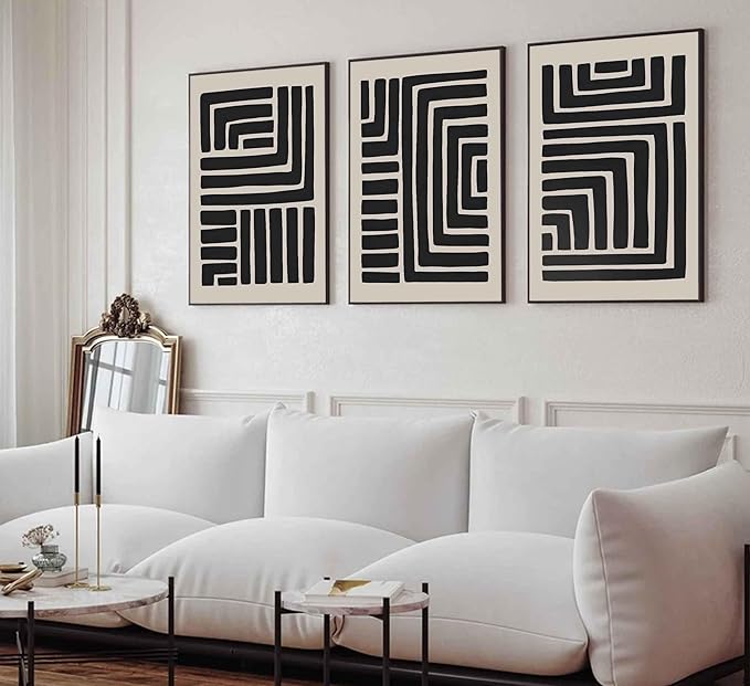 3 Pcs Boho Abstract Lines Canvas Wall Art Modern Neutral Minimalist Bohemian Black Geometric Line Picture Wall Decor Poster Print Artwork for Living Room Bedroom Office Home Decoration Unframed