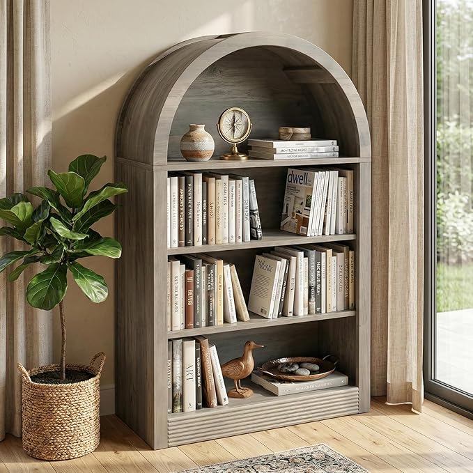 Bookcase, 4-Tier Tall Bookshelf, 47.6" Wood Open Display Floor Arched Book Shelf, Large Storage Organizer for Bedroom and Living Room Gray