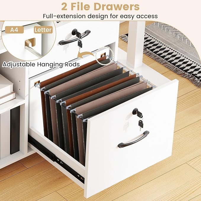 Giantex 4-Drawer Lateral File Cabinet with Lock, Adjustable Shelf, Open Components, 5 Rolling Wheels (2 Lockable), Fits Files A4/Letter Size, Mobile Filing Storage Organizer, Printer Stand (White)