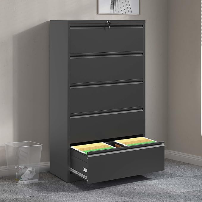 5 Drawer Lateral File Cabinet with Lock for Home Office Metal Filing Cabinet with Adjustable Hanging Rails Horizontal Filing Organization Storage Cabinet for Letter/Legal/A4/F4 Size Balck