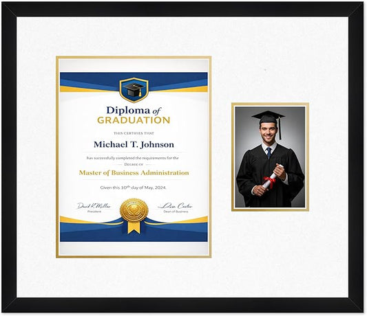 Diploma Frame With Photo Opening Matte Black Oyster Shell Over Gold Mat - Fits 10 x 13 Degree and Picture Made in the USA