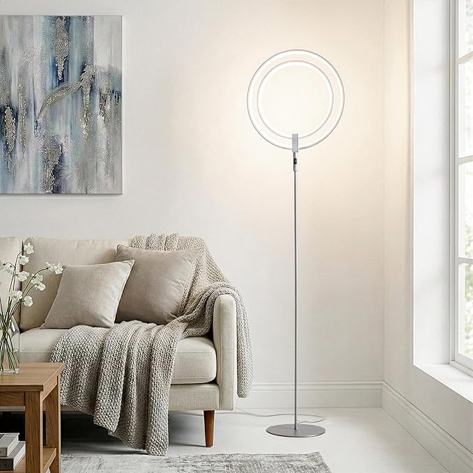 Brightech Eclipse Dimmable LED Floor Lamp, Modern Torchiere Floor Lamp for Living Rooms & Offices – Super Bright Tall Lamp with Dimmable Options for Reading, Standing Lamp Living Room Décor - Silver