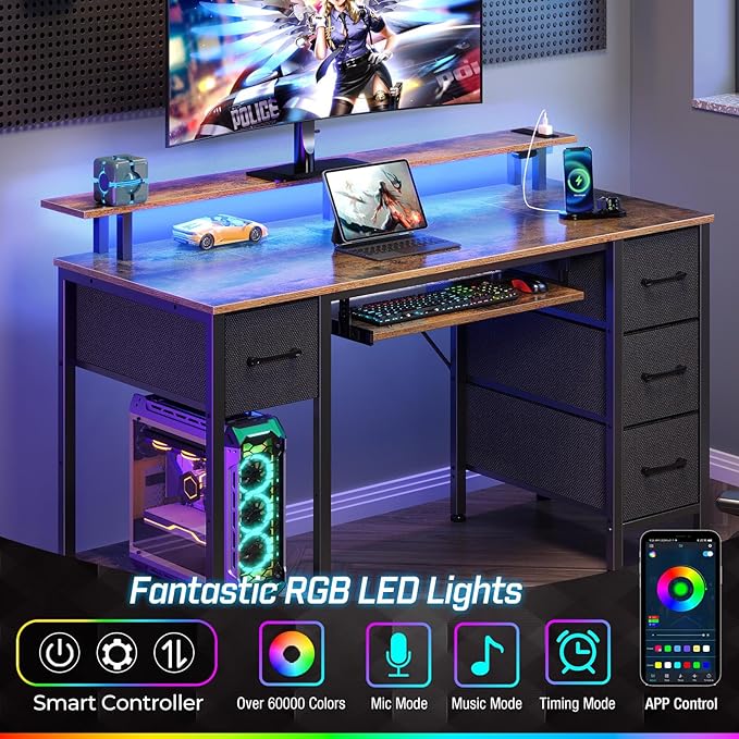 Seventable Computer Desk 47.2" with LED Lights & Power Outlets, Home Office Desk with 4 Drawers, Writing Desk with Keyboard Tray, Study Table with Monitor Stand, Work Desk for Home, Rustic Brown