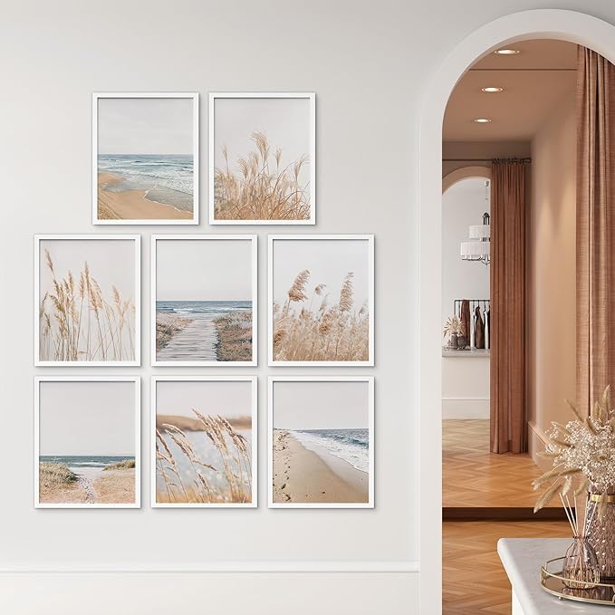 SIGNWIN Framed Poster Wall Art Set of Coastal, Beach Ocean Nature Landscape Prints, Pampas Grass for Living Room, Bedroom, Office - 11"x14"x 8 White