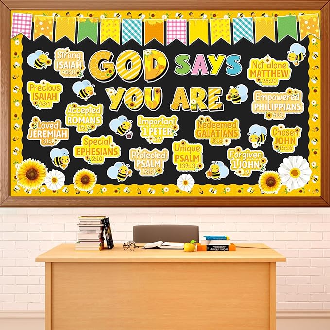 gisgfim Christian Bulletin Board Decorations Bee Sunflower Paper Cutouts God Says You are Inspirational Classroom Decor Religious Bulletin Board Set for Sunday School Church Wall Decor Supplies