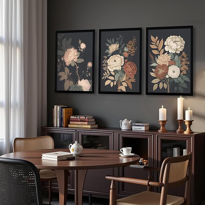 Krtoni 3PCS Framed Vintage Flower Wall Art, Rustic Farmhouse Dark Peony Floral Wall Decor, Retro Plants Aesthetic Painting Prints, Flower Botanical Artwork for Living Room Bedroom Bathroom 16W x 24H