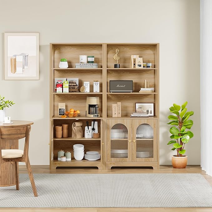 71" Tall Bookshelf with Glass Doors, 5-Tier Bookcase with Storage & Adjustable Shelf, Freestanding Wood Book Shelf Modern Arched Farmhouse Display Cabinet for Living Room, Office (Natural)