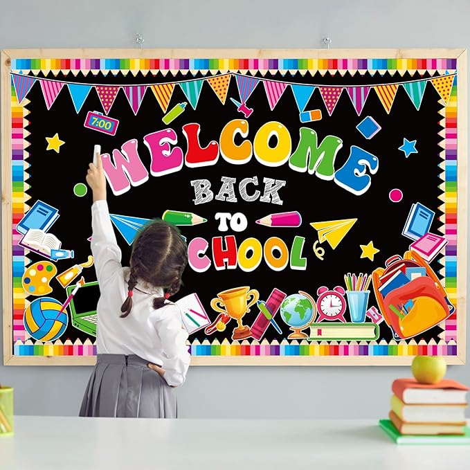 Welcome Back to School Bulletin Board Decorations First Day of School Theme Classroom Bulletin Board Border Set Pencil Notebook Schoolbag Paper Cutouts Preschool Chalkboard Wall Decor