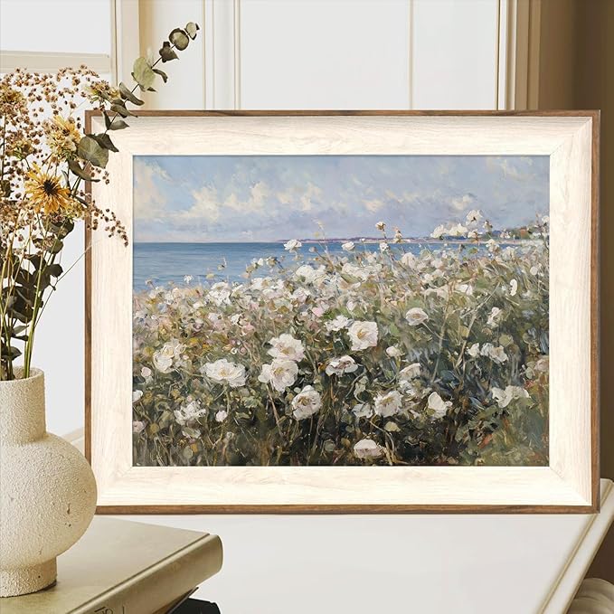 ASTRDECOR Framed Canvas Wall Art Room Decor, Vintage Landscape Wall Art for Home Decor Aesthetic Artwork, Coastal Scenery Nature Rustic Farmhouse Wall Decor for Living Room, White Wildflowers Oil Painting Pictures Bathroom Wall Decor- 12''x16''