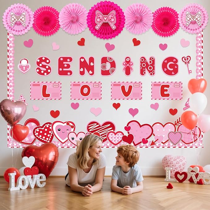 Valentine's Day Bulletin Board Set Sending Love Classroom Decorations Pink and Red Mail Romantic Heart Cutouts with Paper Fans for Door Wall Decor Holiday Wedding Birthday Party Display
