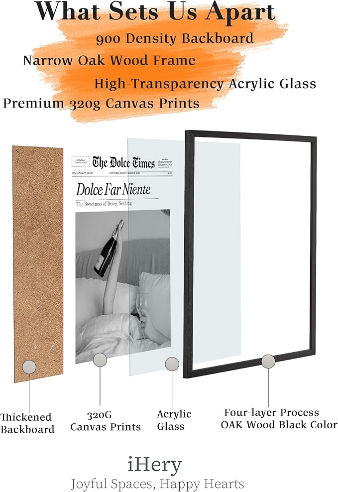 iHery Premium Natural Black OAK Wood 16x20in Dolce Far Niente Framed Wall Art, Retro The Sweetness of Doing Nothing Canvas Wall Decor For Girly Dorm Bedroom Living Room 1Pack