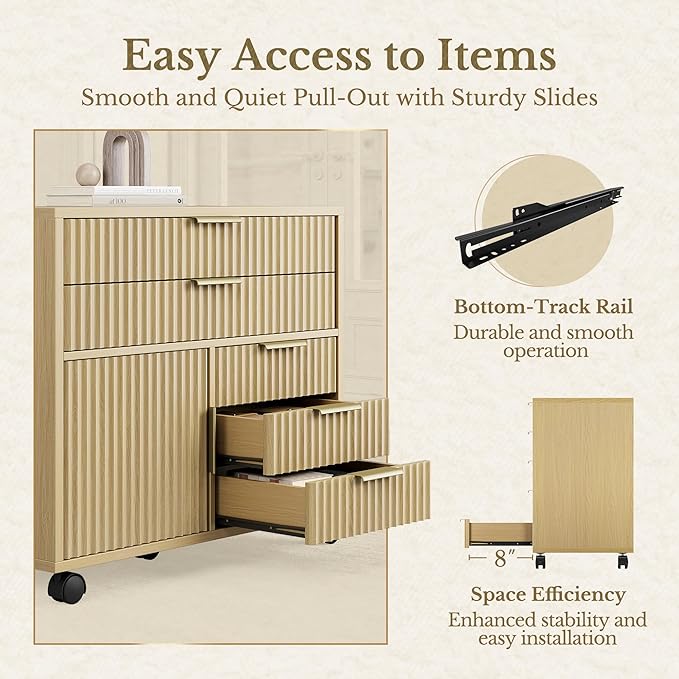 Home Office Furniture Set, Fluted Wooden File Cabinet with Locable Wheels, Filing Cabinet with 5 Drawers for Home Office, Light Walnut