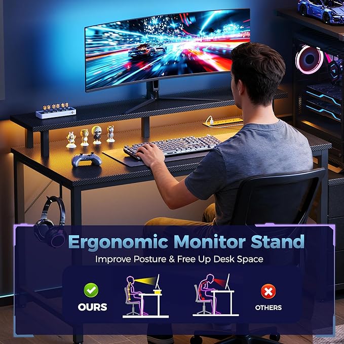 DUMOS L Shaped Gaming Desk with Shelves Storage Drawers 52'', Black Computer Desks with LED Lights Power Outlets, Office Wood Table with PC Stand Cable Management for Bedroom Dual Monitor Streaming