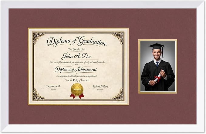 Diploma Frame With Photo Opening Bright White Dark Red Over Gold Mat - Fits 13 x 10 Degree and Picture Made in the USA