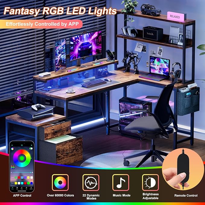 REAHOME 70 Inch L Shaped Desk with File Drawers and Reversible Storage Shelves, Computer Desk with Power Outlet & LED Strip, Home Office Desks, Writing Study Desk for Bedroom, Rustic Brown