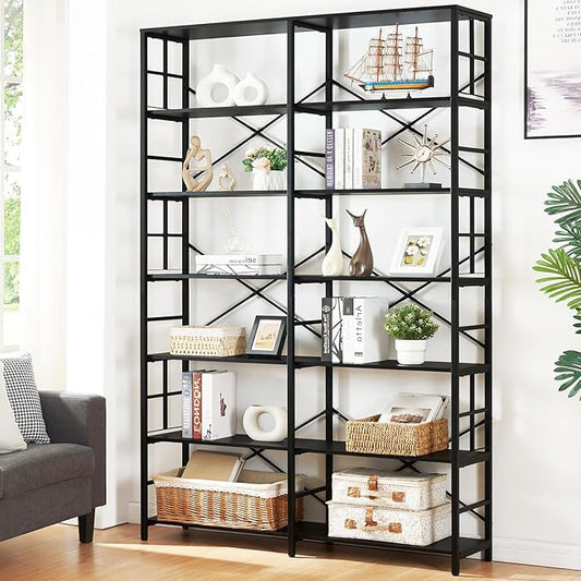 HOMISSUE Bookshelf, Industrial Double Wide 7-Tier Bookshelves, 84" Tall Bookcase with Open Shelves, Heavy Duty Bookcases with Storage for Living Room Home Office, Black