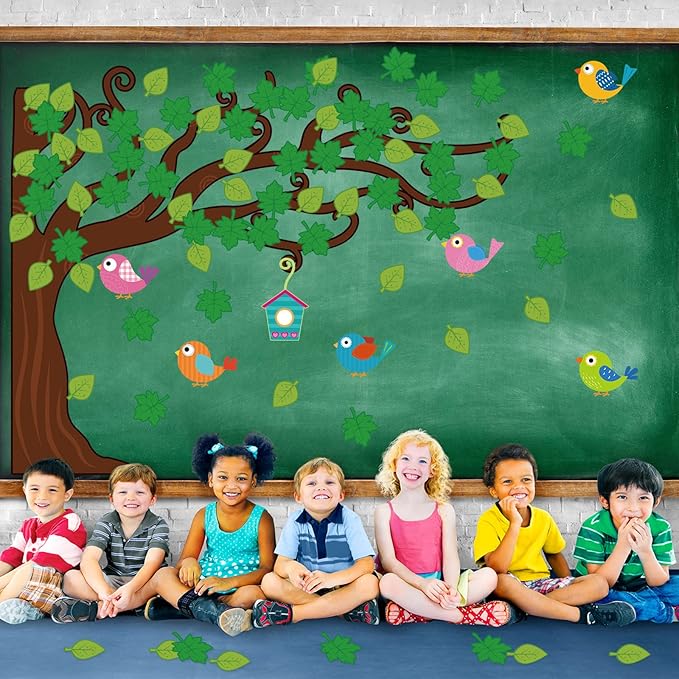 Pajean 58 Pcs Classroom Tree Bulletin Board Set Trees Cutouts Border Set with Leaves, Bird and Bird House Tree Bulletin Board Cutouts Classroom Decorations for Boards, Chalkboards, Wall