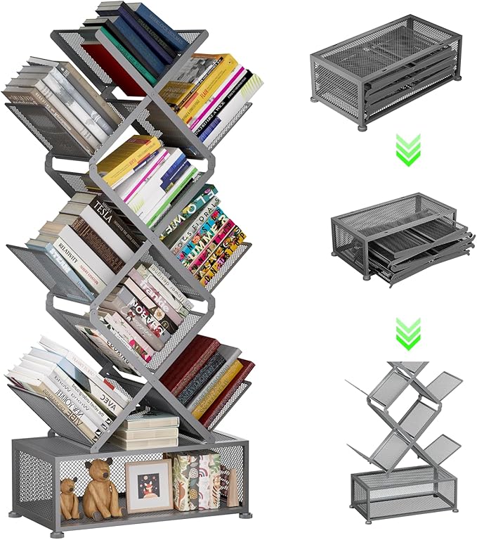 Gintan 9-Tier Modern Book Shelves with Storage, Bedroom Shelves Folding Bookshelves, No Installation Required Shelf Tree Bookcase for Living Room, Study, Home Office, Bed Room (Grey)