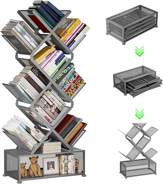 Gintan 9-Tier Modern Book Shelves with Storage, Bedroom Shelves Folding Bookshelves, No Installation Required Shelf Tree Bookcase for Living Room, Study, Home Office, Bed Room (Grey)