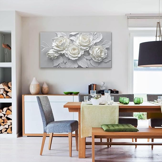 Suconvng Floral Wall Art Living Room Minimalist Painting Aesthetic Wall Decor Modern 24" X 48" Canvas Art Wall Decor White Flower Wall Art Canvas Prints Artwork Pictures For Bedroom Kitchen Artwork