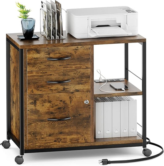 Lulive Brown 3 Drawer File Cabinet for Home Office, Lockable with USB Charging Port, Rectangular, 3 Levels, 100 Pound Weight Recommendation