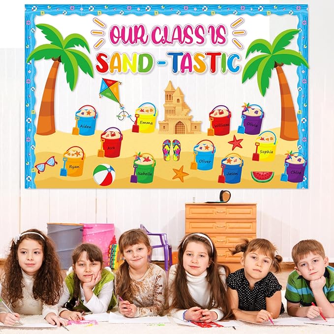 Summer Bulletin Board Decorations Set Our Class is Sand-Tastic Classroom Decor Bucket Hawaii Beach Theme Party Paper Cutouts for Back to School Office Teacher Chalkboard Wall Supplies Favor