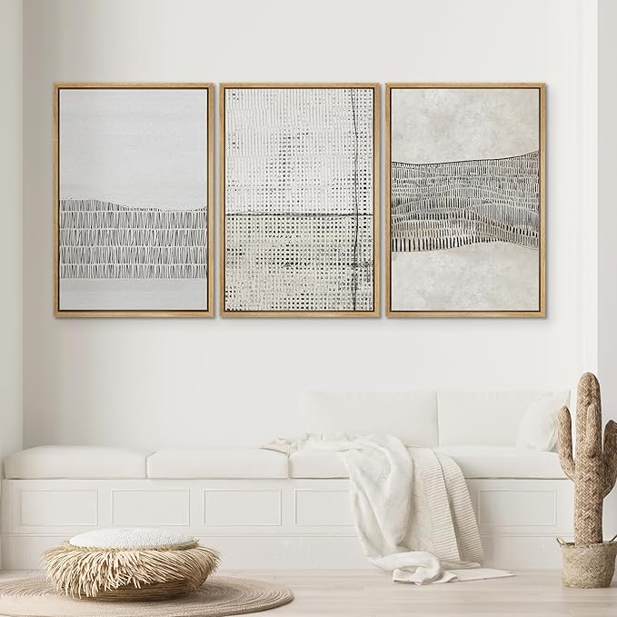 SIGNWIN Framed Canvas Print Wall Art Set Grunge Black Tan Line Art Landscape Abstract Shapes Cozy Neutral Decorative Contemporary Minimal for Living Room, Bedroom, Office - 24"x36"x3 Natural