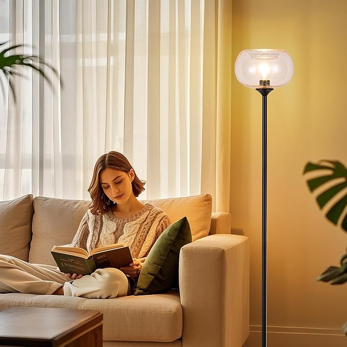 MAYNA Globe Floor Lamp, Clear Round Glass Standing Lamp with Built-in Timer Switch, Black Tall Industrial Lamps for Living Room Bedroom, 2700K LED Bulb Included