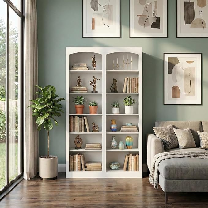71" Tall Bookcase, Double Wide White Bookshelf with Arched Design, 12-Tier Open Wood Display Shelf Storage Organizer for Living Room, Home Office (41.6" W x 70.8" H)