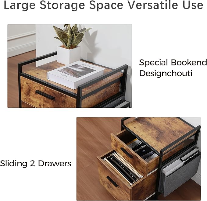 EUREKA ERGONOMIC 2-Drawer Mobile File Cabinet with Wheels, Solid Wood Rolling Storage Cabinet for Home Office, Space-Saving Under Desk Organization with Printer Stand, Rustic Brown