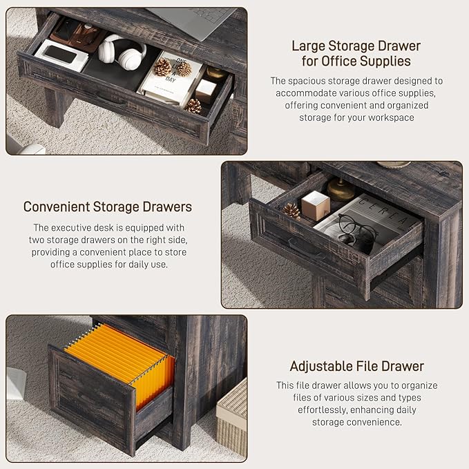Vabches Farmhouse Executive Desk with Drawers, Home Office Desk with File Drawer, Wood Computer Desk with Ample Storage, Rustic Office Desk with Spacious Tabletop for Work, Dark Oak