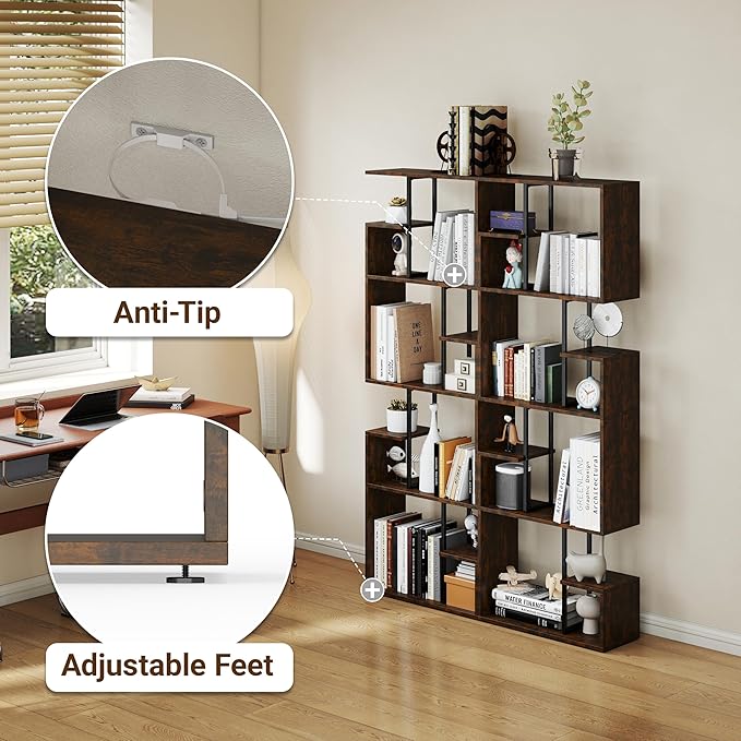 Manora 4 Tier Geometric Bookcase, S Shaped Bookshelf, Modern Black Brown Bookcase with Tall Display Shelves, Decorative Storage Shelf for Living Room and Bedroom,Dark Brown