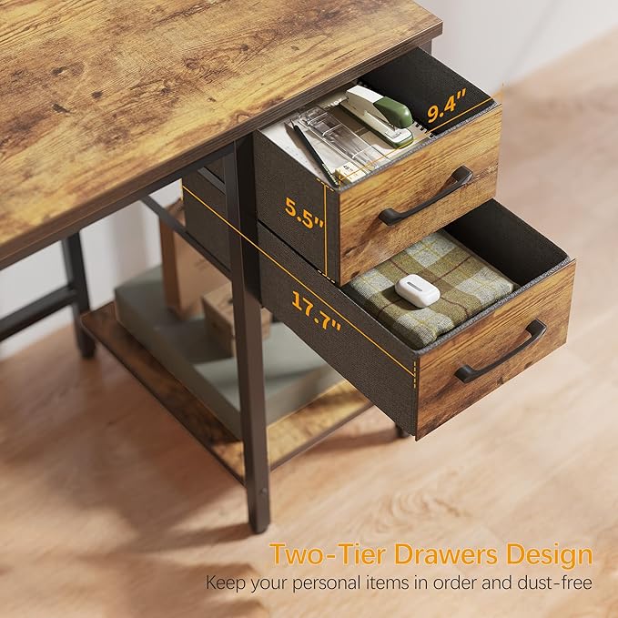 BANTI Computer Home Office Desk with 2 Drawers, 47 Inch Small Desk Study Writing Table, Modern Simple PC Desk for Home Bedroom, Rustic Brown