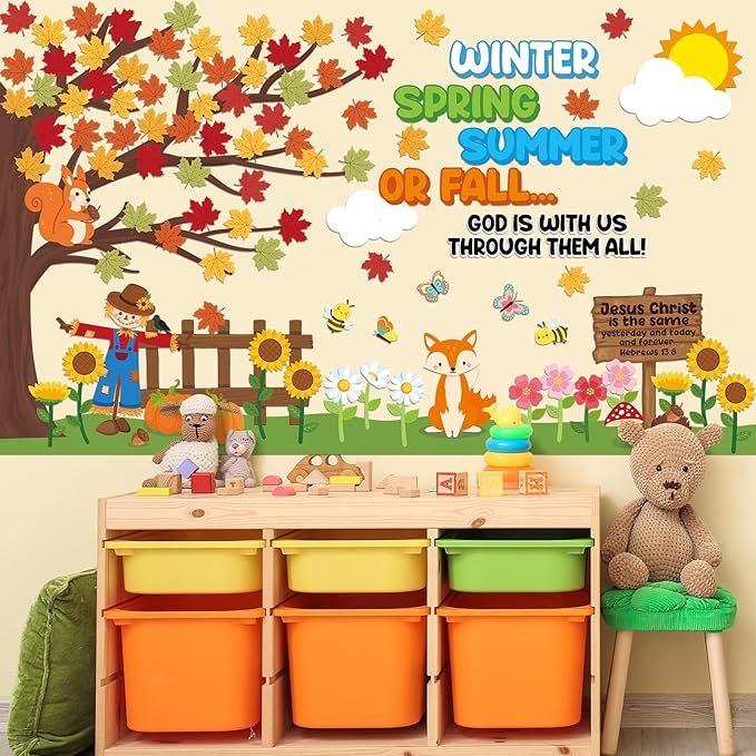 gisgfim Fall Jesus Christian Bulletin Board Decorations Sets Autumn Religious Classroom Decor Pumpkin Maple Leaves Paper Cutouts for Classroom School Church Chalkboard Home Wall Décor