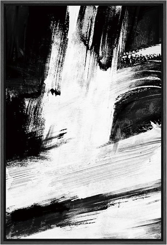 SIGNFORD Framed Canvas Print Wall Art White Brushstrokes on Black Background Abstract Shapes Illustrations Minimalism Alternative Edgy Dark for Living Room, Bedroom, Office - 16"x24" Black