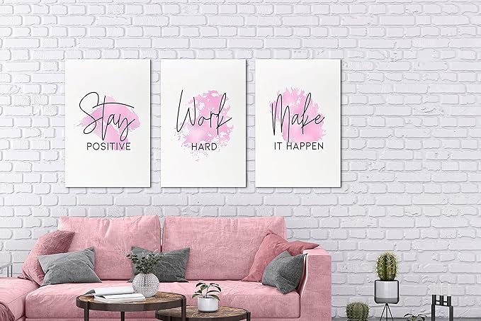 SHMAO Pink Office Canvas Wall Art Motivational Wall Decor, 3 Piece Stay Work Make Print Pictures for Office Wall Decor Women Inspirational Framed Artwork Home Office Decor 16”x24”x3 Panels