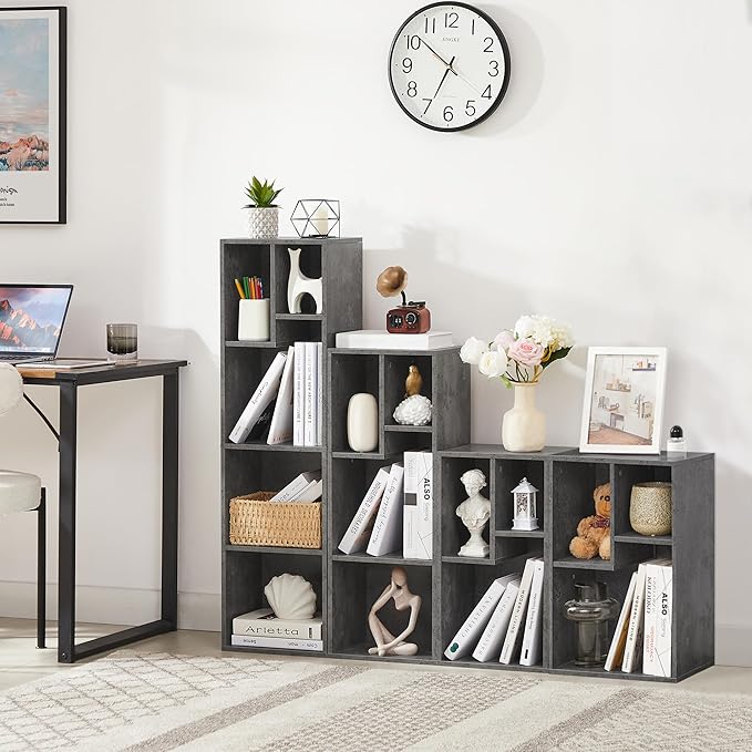 VECELO 3-Cube Open Bookcase, Small Bookshelf with Height Difference Shelves for Most Books, Horizontal Available, 2-Tier Storage Organizer for Home Office, Living Room, Grey