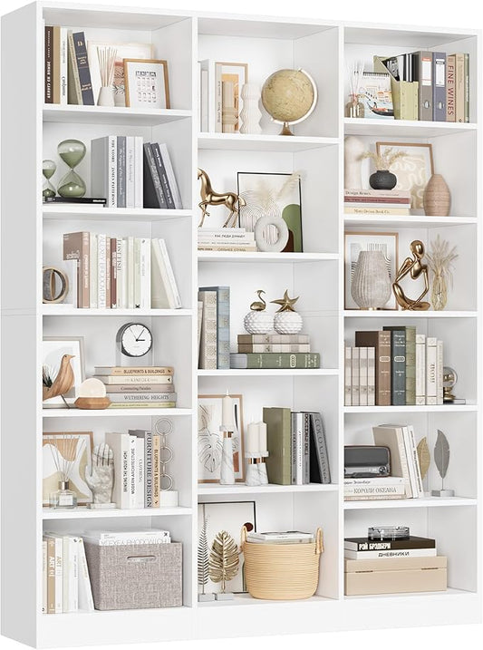 FACBOTALL Triple Wide Bookshelf, 6 Tier Large Bookshelf, Bookcase with 17 Open Display Shelves, 74'' Tall Bookcases and Bookshelves for Living Room, Home Office, Library, White