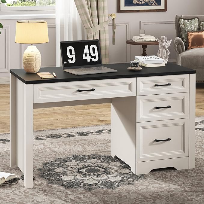 Vabches Farmhouse Executive Desk with Drawers, Home Office Desk with File Drawer, Wood Computer Desk with Ample Storage, Rustic Office Desk with Spacious Tabletop for Work, Black